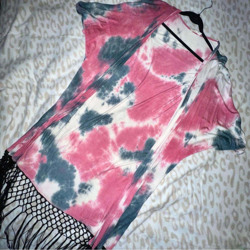💙 PINK WHITE AND BLUE TIE DYE FRINGE CARDIGAN 💖